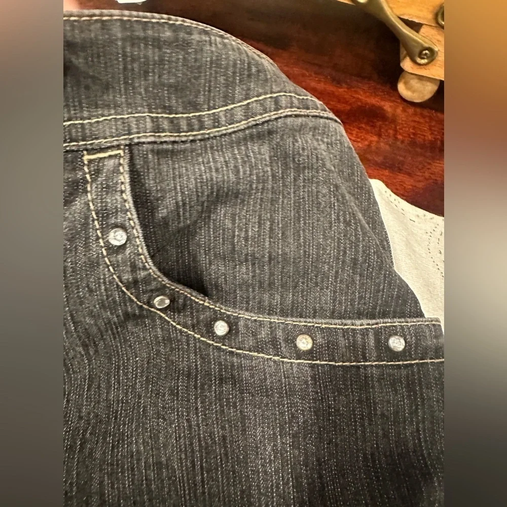 French Cuff Denim Mini Skirt Dark Wash Rhinestone Embellished Pleated Hem
